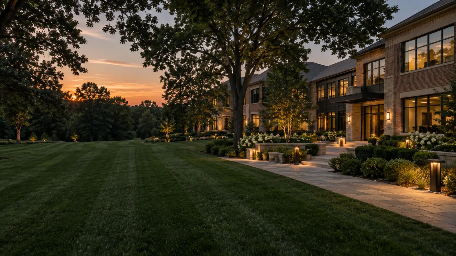 Illustrative commercial campus with manicured lawns and warm evening landscape lighting