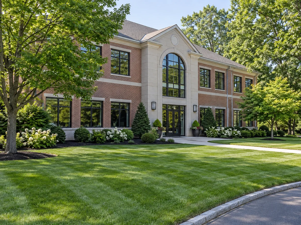 Illustrative New England office property with a striped lawn, maintained shrubs and clean landscape beds