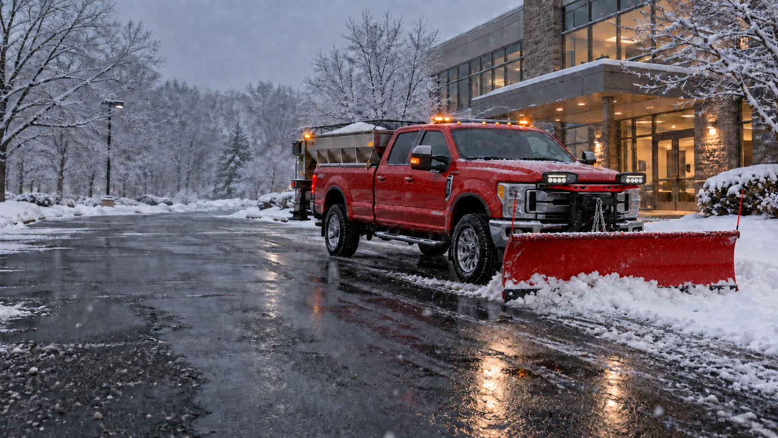 Concept scene of a Ford F-350 with an unbranded straight snowplow, raised plow headlights and a full-size in-bed salt spreader clearing a snowy commercial property
