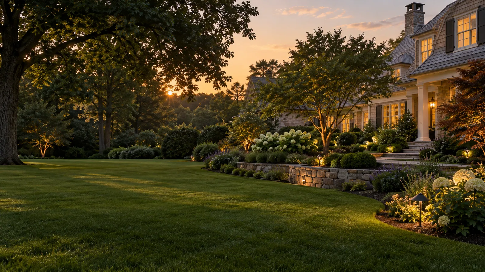 Concept landscape with established trees, a green lawn and a residential home at dusk