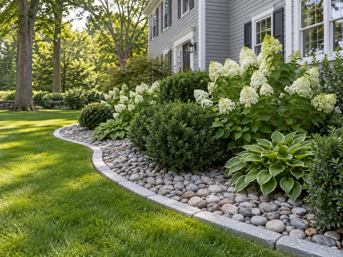 Illustrative New England river-stone bed with hydrangeas, evergreen shrubs and a manicured lawn beside a gray clapboard home