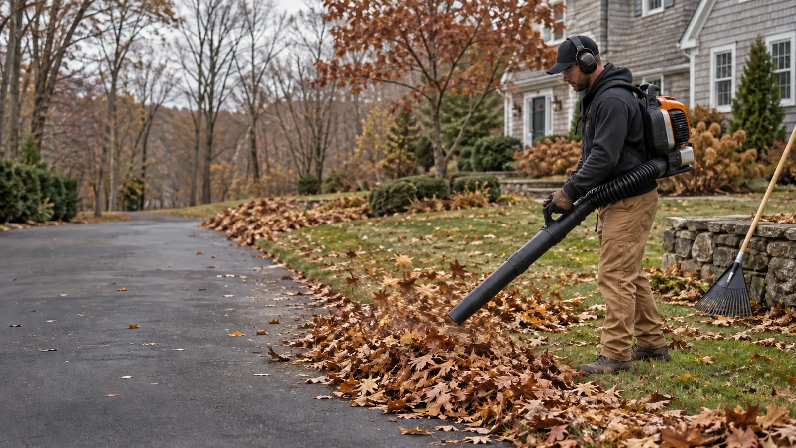 Concept image of autumn leaf cleanup at a residential property