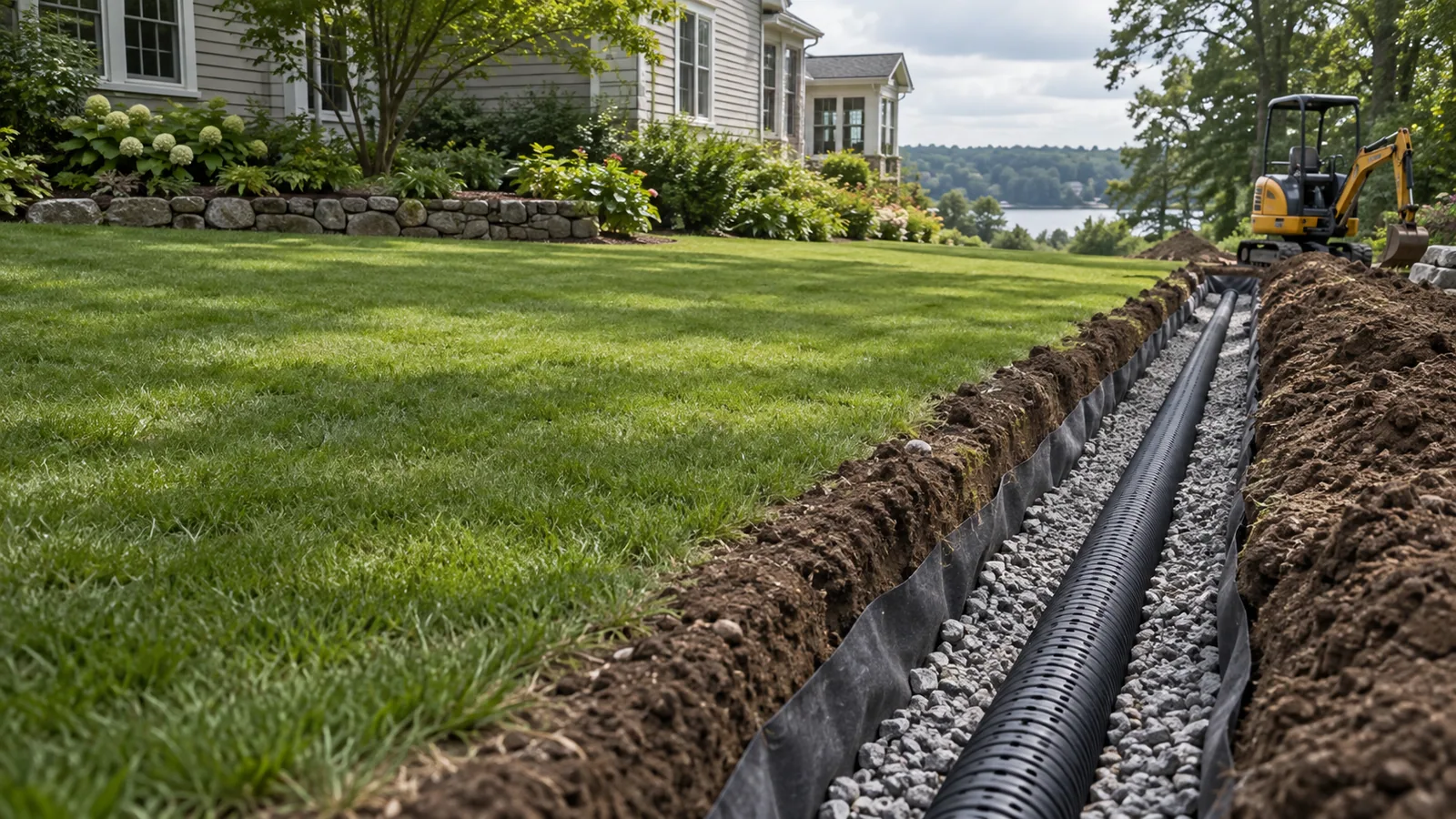 Concept image of a gravel-lined residential drainage trench and drainpipe