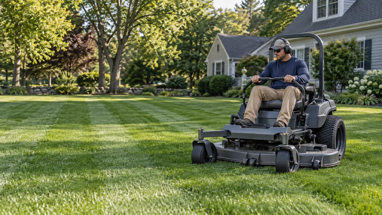Concept image of a lawn professional using a zero-turn mower on a residential lawn