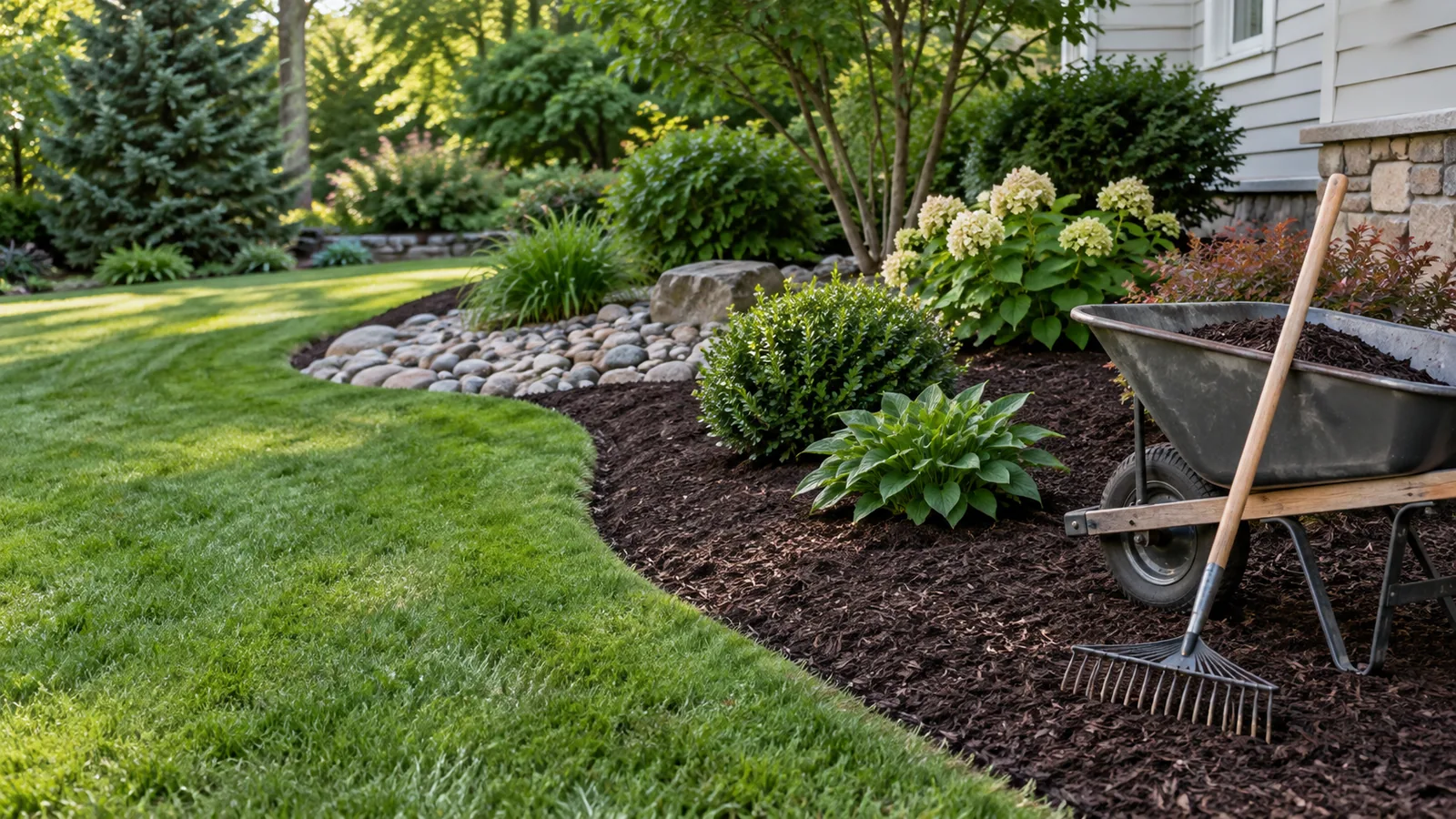Concept image of fresh dark mulch and decorative stone around planted landscape beds