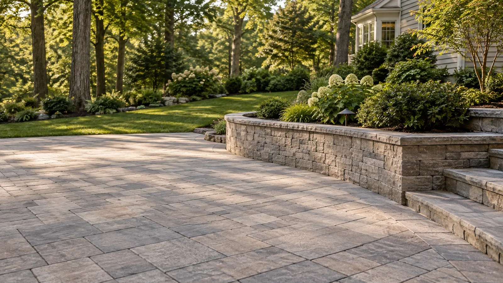 Concept image of a residential paver patio and low retaining wall