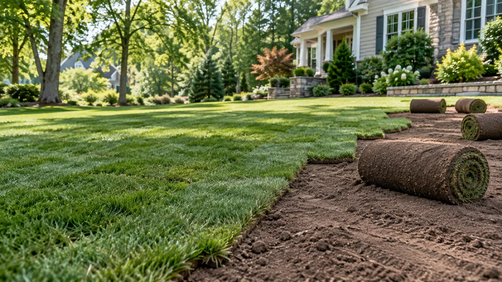 Concept image of fresh sod rolls being installed on prepared residential soil
