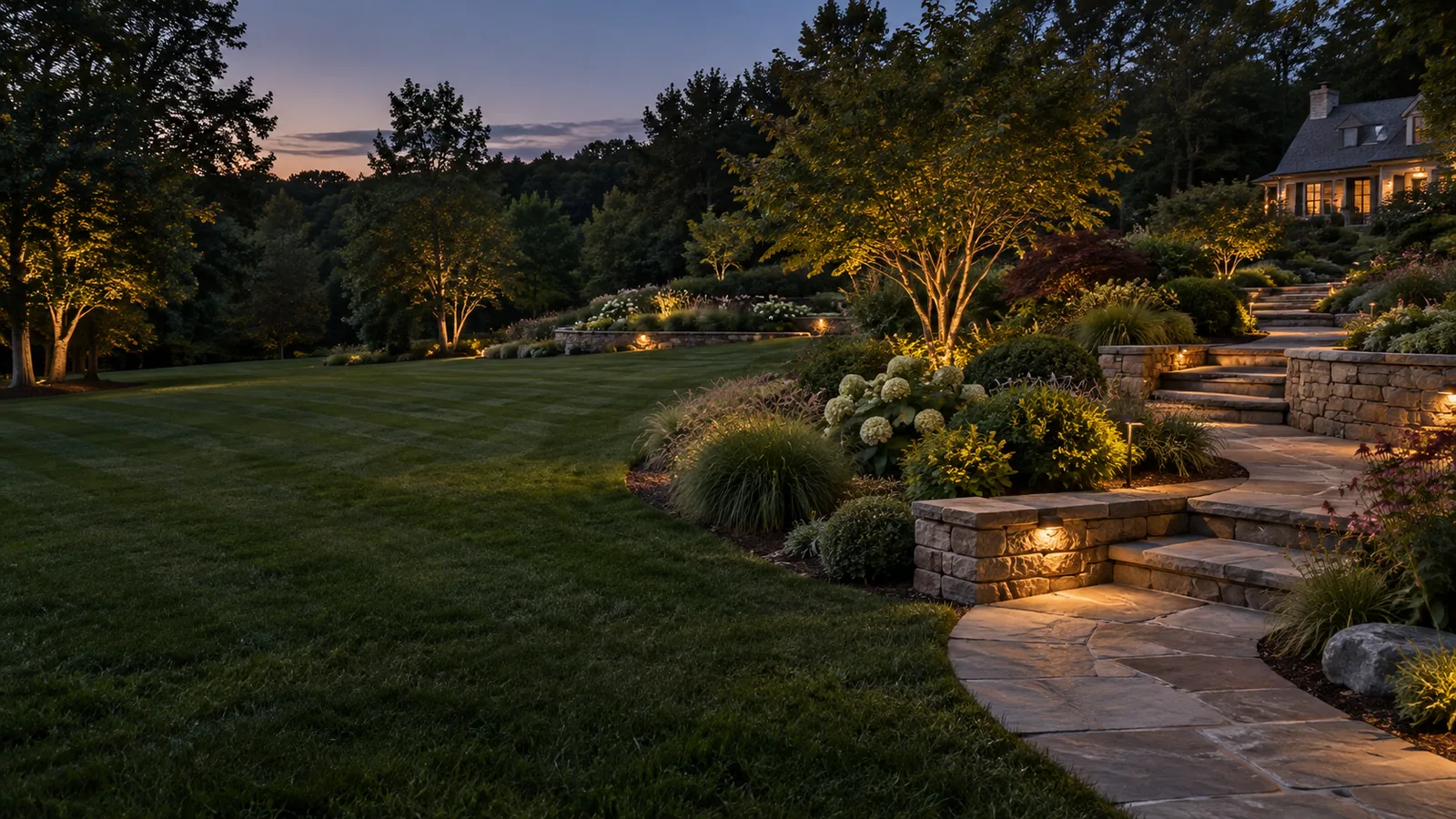 Concept landscape with stone paths, planted beds and warm garden lighting at dusk