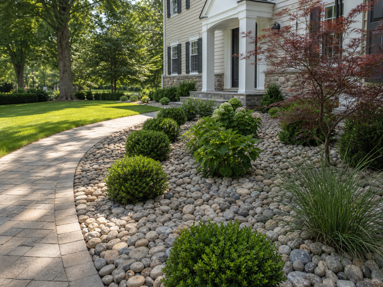 Representative decorative river-stone landscape bed with shrubs beside a curved walkway
