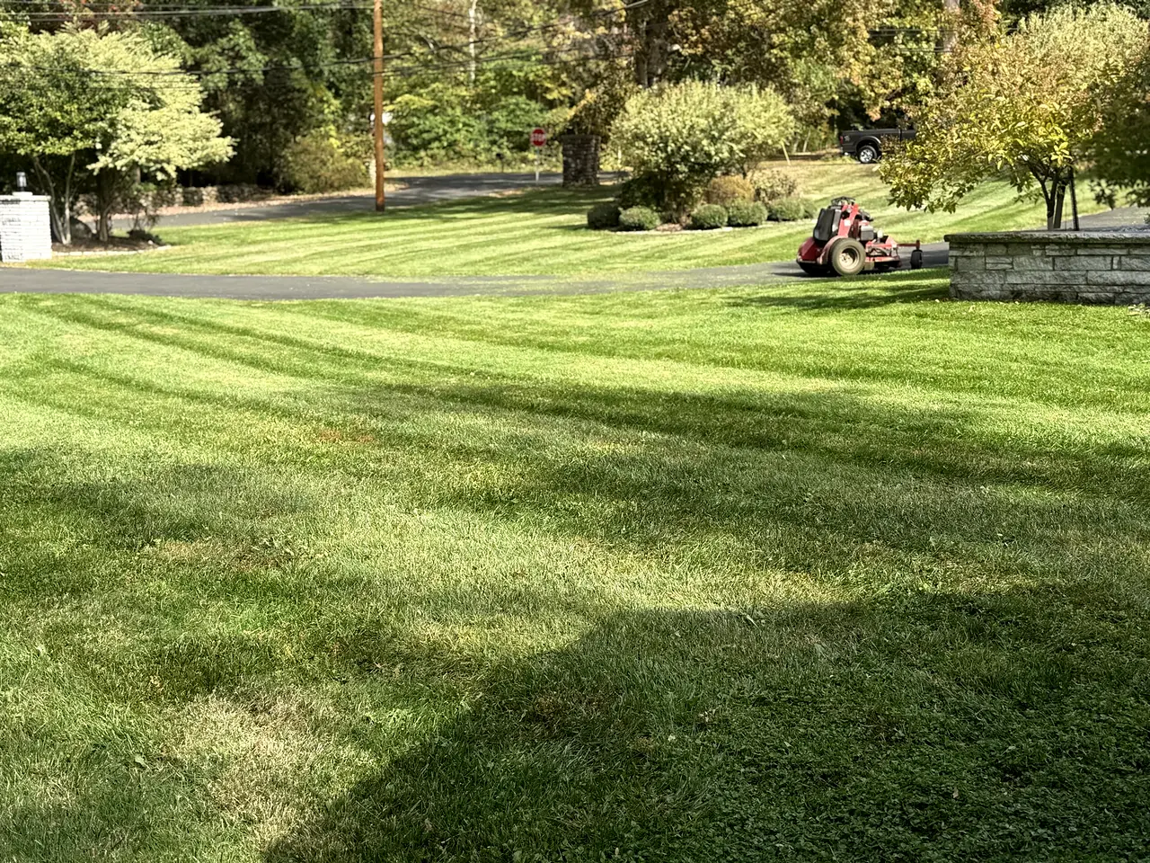 LandMaXx mower on a freshly striped residential lawn
